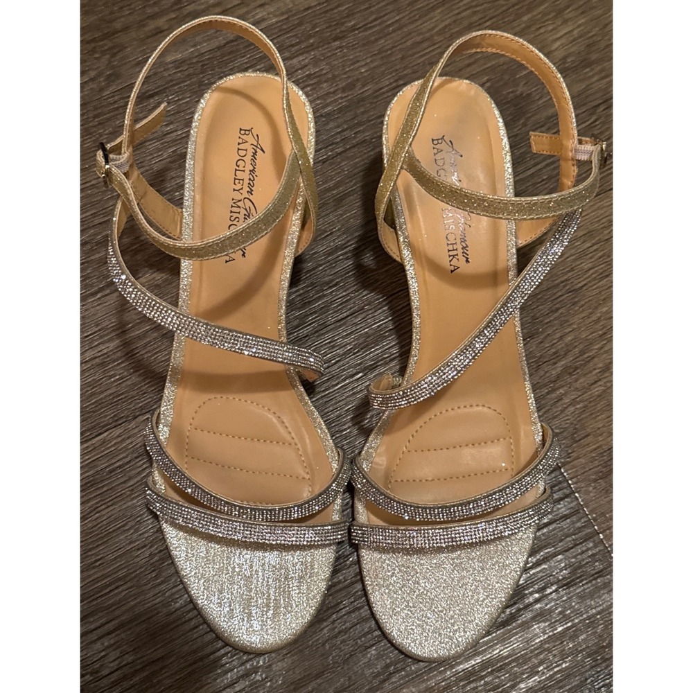 American Glamour Badgley Mischka Gold Glitter Rhinestone Block Heel Sandals 9.5 - Picture 3 of 13